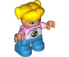 Duplo Figure Lego Ville, Child Girl, Dark Azure Legs, White and Bright Pink Top with Bee, Yellow Hair with Pigtails
