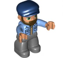 Duplo Figure Lego Ville, Male, Dark Bluish Gray Legs, Medium Blue Shirt, Dark Blue Cap, Beard