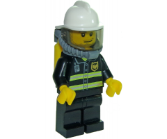 Fire - Reflective Stripes, Black Legs, White Fire Helmet, Smirk and Stubble Beard, Breathing Neck Gear with Yellow Air Tanks