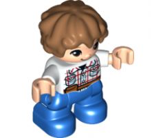 Duplo Figure Lego Ville, Child Boy, Blue Legs, White Checkered Shirt with Belt, Medium Nougat Hair
