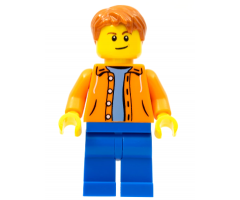 Orange Jacket with Hood over Light Blue Sweater, Blue Legs, Dark Orange Short Tousled Hair, Crooked Smile with Brown Dimple