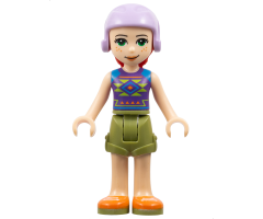 Friends Mia, Olive Green Shorts, Dark Purple Top with Diamonds and Triangles, Lavender Ski Helmet with Red Hair