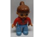 Duplo Figure Lego Ville, Female, Medium Blue Legs, Red Jacket with White Zipper and Pockets, Reddish Brown Ponytail Hair
