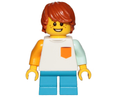 Boy, Freckles, White Shirt with Orange Pocket, Dark Azure Short Legs, Dark Orange Hair Tousled with Side Part