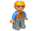 Duplo Figure Lego Ville, Male, Dark Bluish Gray Legs, Orange Vest with Zipper and Pockets, Orange Construction Helmet, Oval Eyes