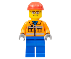 Construction Worker - Orange Zipper, Safety Stripes, Orange Arms, Blue Legs, Red Construction Helmet, Red Eyebrows, Glasses