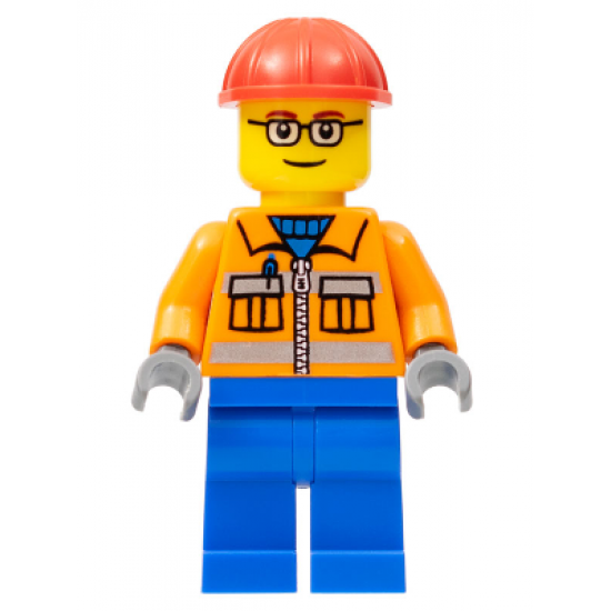 Construction Worker - Orange Zipper, Safety Stripes, Orange Arms, Blue Legs, Red Construction Helmet, Red Eyebrows, Glasses