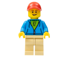 Man, Dark Azure Hoodie with Green Striped Shirt, Tan Legs, Red Cap