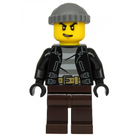 Police - City Bandit Crook, Black Leather Jacket, Dark Bluish Gray Knit Cap, Dark Brown Legs