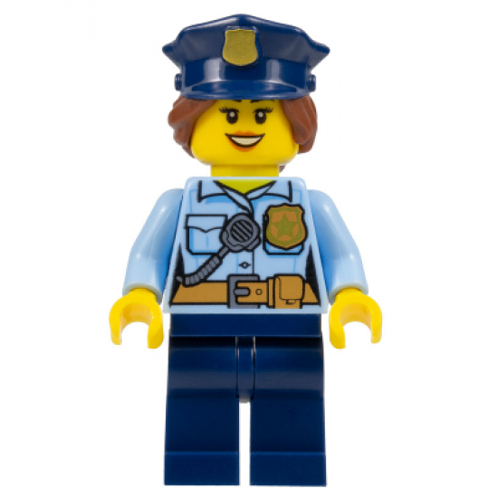 Police - City Officer Female, Bright Light Blue Shirt with Badge and Radio, Dark Blue Legs, Dark Blue Police Hat