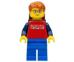 Red Shirt with 3 Silver Logos, Dark Blue Arms, Blue Legs, Dark Orange Short Tousled Hair, Red Eyebrows, Backpack