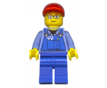 Overalls with Tools in Pocket, Blue Legs, Red Short Bill Cap, Glasses with Red Thin Eyebrows