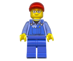 Overalls with Tools in Pocket, Blue Legs, Red Short Bill Cap, Glasses with Red Thin Eyebrows