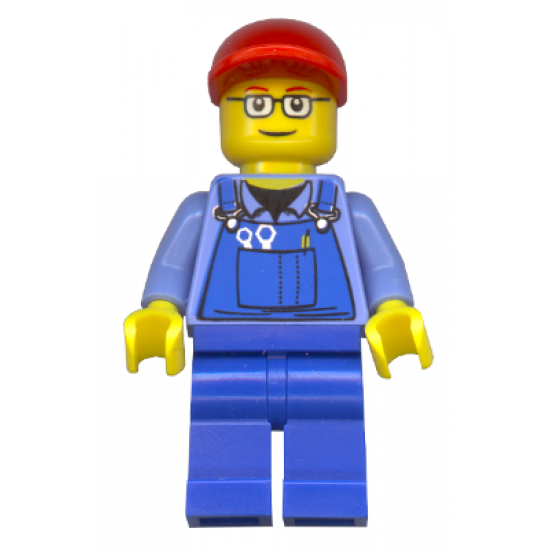 Overalls with Tools in Pocket, Blue Legs, Red Short Bill Cap, Glasses with Red Thin Eyebrows