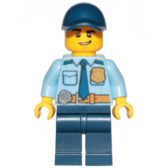 Police - City Officer Shirt with Dark Blue Tie and Gold Badge, Dark Tan Belt with Radio, Dark Blue Legs, Dark Blue Cap, Lopsided Grin