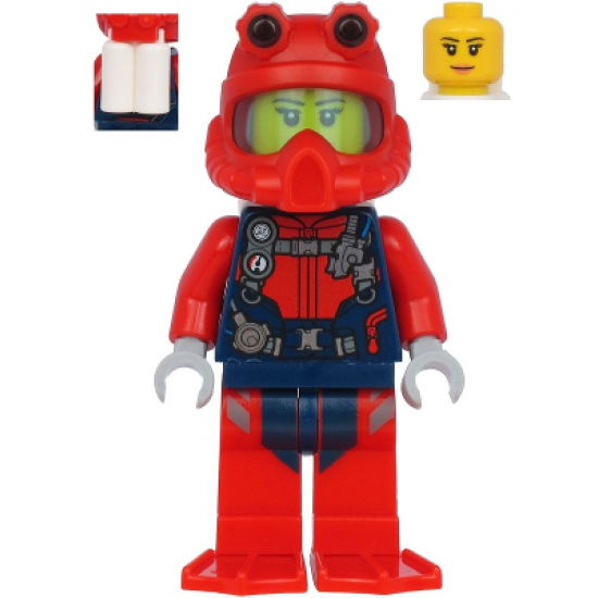 Scuba Diver - Female, Peach Lips Smile, Red Helmet, White Air Tanks, Red Flippers