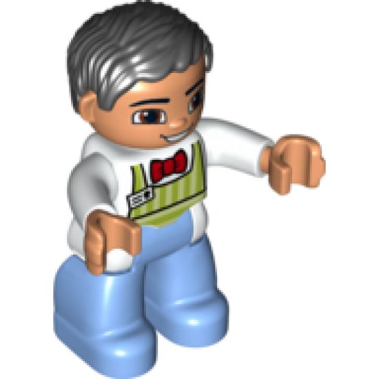 Duplo Figure Lego Ville, Male, Medium Blue Legs, Lime Striped Apron, Red Bow Tie, Black Hair