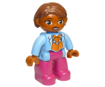 Duplo Figure Lego Ville, Female, Magenta Legs, Medium Blue Top with Necklace, Dark Orange Hair, Oval Eyes