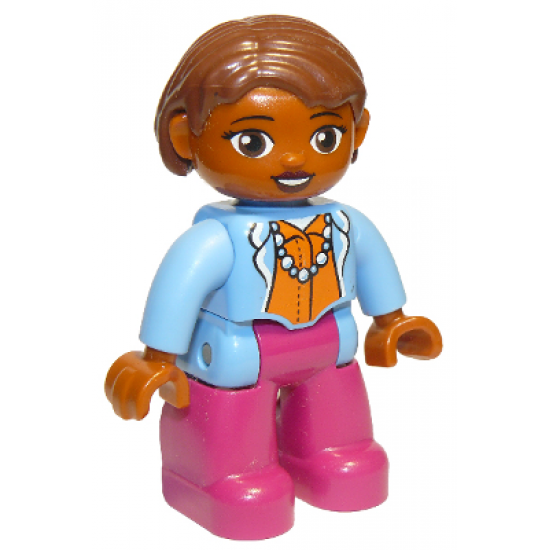 Duplo Figure Lego Ville, Female, Magenta Legs, Medium Blue Top with Necklace, Dark Orange Hair, Oval Eyes