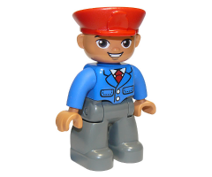 Duplo Figure Lego Ville, Male, Dark Bluish Gray Legs, Blue Jacket with Tie, Red Hat, Smile with Teeth (Train Conductor), Oval Eyes