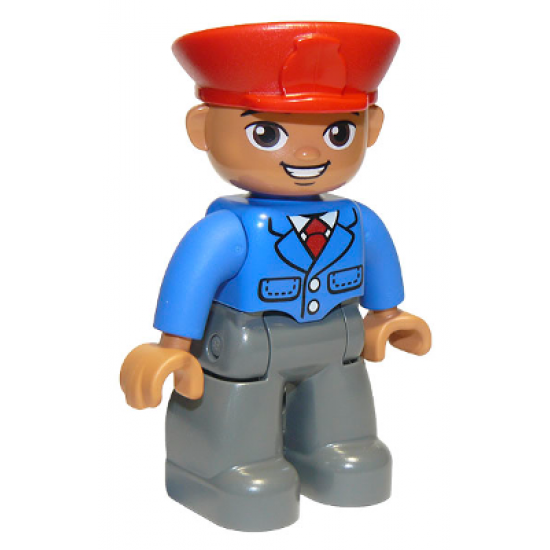 Duplo Figure Lego Ville, Male, Dark Bluish Gray Legs, Blue Jacket with Tie, Red Hat, Smile with Teeth (Train Conductor), Oval Eyes