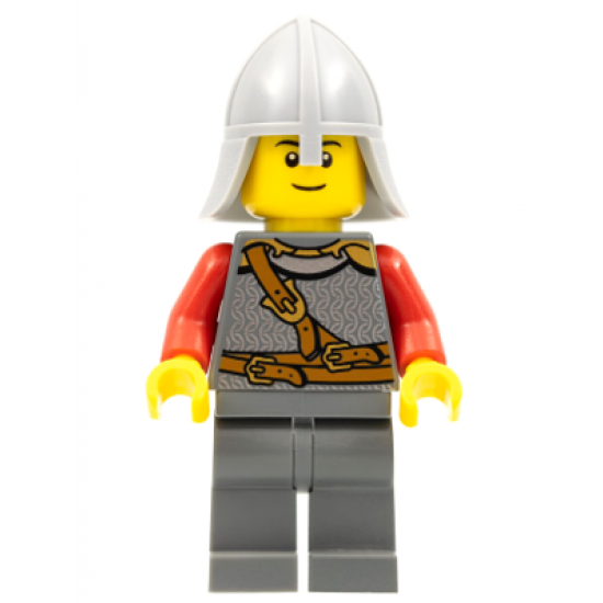 Kingdoms - Lion Knight Scale Mail with Chest Strap and Belt, Helmet with Neck Protector, Black Eyebrows, Thin Grin