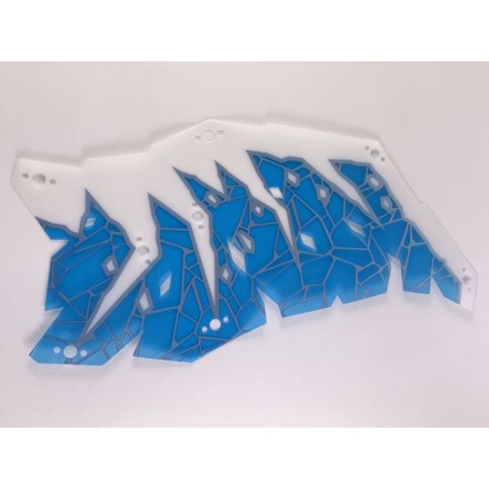 Plastic Part for Set 70678 - Dragon Wing with White Forearm, Trans-Light Blue Skin, and Metallic Light Blue Cracks, LEGO Copyright on Left Pattern