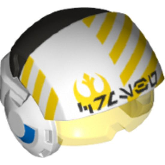Minifigure, Headgear Helmet SW Rebel Pilot Raised Front with Trans-Yellow Visor with Yellow Diagonal Stripes, PDG Back and Alien Letters Pattern