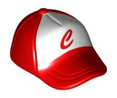 Minifigure, Headgear Cap - Short Curved Bill with Seams and Button on Top and Red 'C' on White Pattern