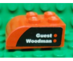 Slope, Curved 3 x 2 x 1 with Four Studs with 'Guest' and 'Woodman' on Black and Red Background Pattern Model Right Side (Sticker) - Set 8655