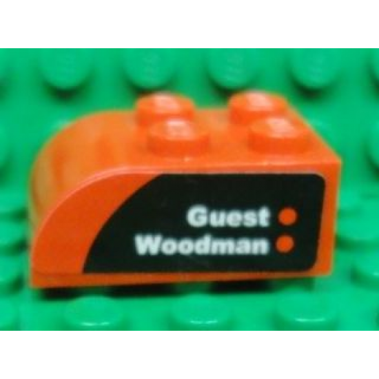 Slope, Curved 3 x 2 x 1 with Four Studs with 'Guest' and 'Woodman' on Black and Red Background Pattern Model Right Side (Sticker) - Set 8655