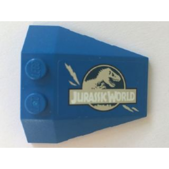 Wedge 4 x 4 Triple with Stud Notches with Jurassic World Logo and Claw Scratch Marks on Blue Background Pattern Model Left Side (Sticker) - Set 75915