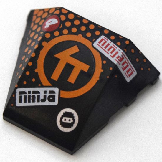 Wedge 4 x 3 No Studs with Orange Ninjago C Symbol in Circle, Orange Dots, 'ninja' and 'ninjago' Pattern