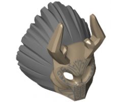 Minifigure, Headgear Mask Ornate with Antelope Horns, Dark Bluish Gray Lion Mane and Tribal Markings Pattern