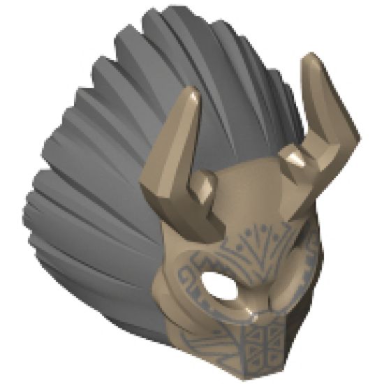 Minifigure, Headgear Mask Ornate with Antelope Horns, Dark Bluish Gray Lion Mane and Tribal Markings Pattern