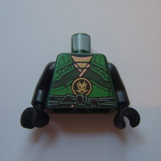 Torso Ninjago Armor with Green Straps and Black Sash with Golden Dragon Emblem Pattern / Black Arms / Black Hands