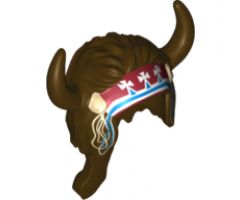Minifigure, Headgear Headdress Indian Horned with Long Braided Hair and Tribal Headband with Tassels Pattern