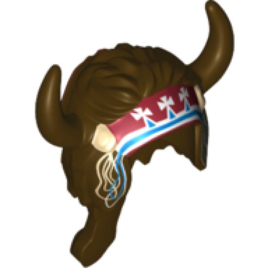 Minifigure, Headgear Headdress Indian Horned with Long Braided Hair and Tribal Headband with Tassels Pattern