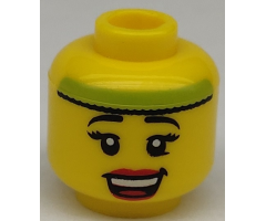 Minifigure, Head Female with Black Thin Eyebrows, Eyelashes, Red Lips, Open Smile and Lime Headband Pattern - Hollow Stud