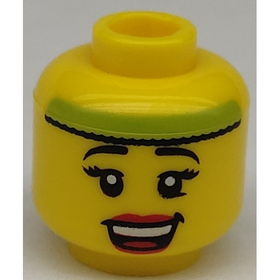 Minifigure, Head Female with Black Thin Eyebrows, Eyelashes, Red Lips, Open Smile and Lime Headband Pattern - Hollow Stud