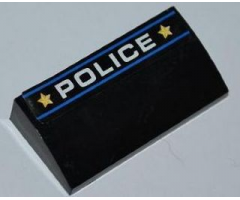 Slope, Curved 2 x 4 x 2/3 without Bottom Tubes with 2 Blue Lines, 'POLICE' and 2 Yellow Stars Pattern (Sticker) - Set 8197