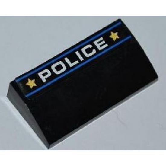 Slope, Curved 2 x 4 x 2/3 without Bottom Tubes with 2 Blue Lines, 'POLICE' and 2 Yellow Stars Pattern (Sticker) - Set 8197