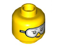 Minifigure, Head Dual Sided Female, Black Eyebrows, Peach Lips, Smile Showing Teeth / Safety Goggles Pattern - Hollow Stud