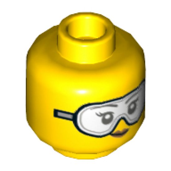 Minifigure, Head Dual Sided Female, Black Eyebrows, Peach Lips, Smile Showing Teeth / Safety Goggles Pattern - Hollow Stud