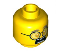 Minifigure, Head Dual Sided, Dark Tan Eyebrows, Bright Light Orange Eyes, Round Glasses, Scared / Rodent Teeth Pattern - Hollow Stud