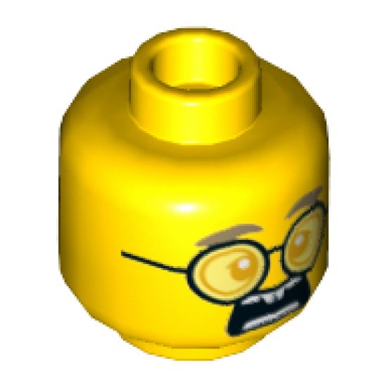 Minifigure, Head Dual Sided, Dark Tan Eyebrows, Bright Light Orange Eyes, Round Glasses, Scared / Rodent Teeth Pattern - Hollow Stud