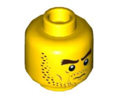 Minifigure, Head Dual Sided Dark Brown Beard Stubble, Dark Brown Thick Eyebrows, Grumpy / Open Mouth Smile Pattern - Hollow Stud