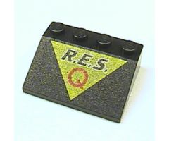 Slope 33 3 x 4 with Black 'R.E.S.' and Red 'Q' on Yellow Triangle Pattern