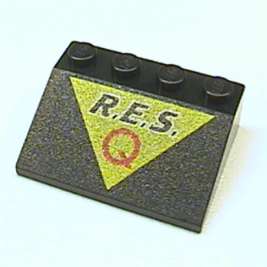 Slope 33 3 x 4 with Black 'R.E.S.' and Red 'Q' on Yellow Triangle Pattern