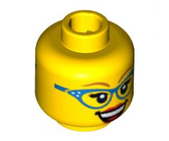Minifigure, Head Dual Sided Female Glasses with Blue Frame, Medium Nougat Eyebrows, Red Lips, Smirk / Open Smile Pattern - Hollow Stud